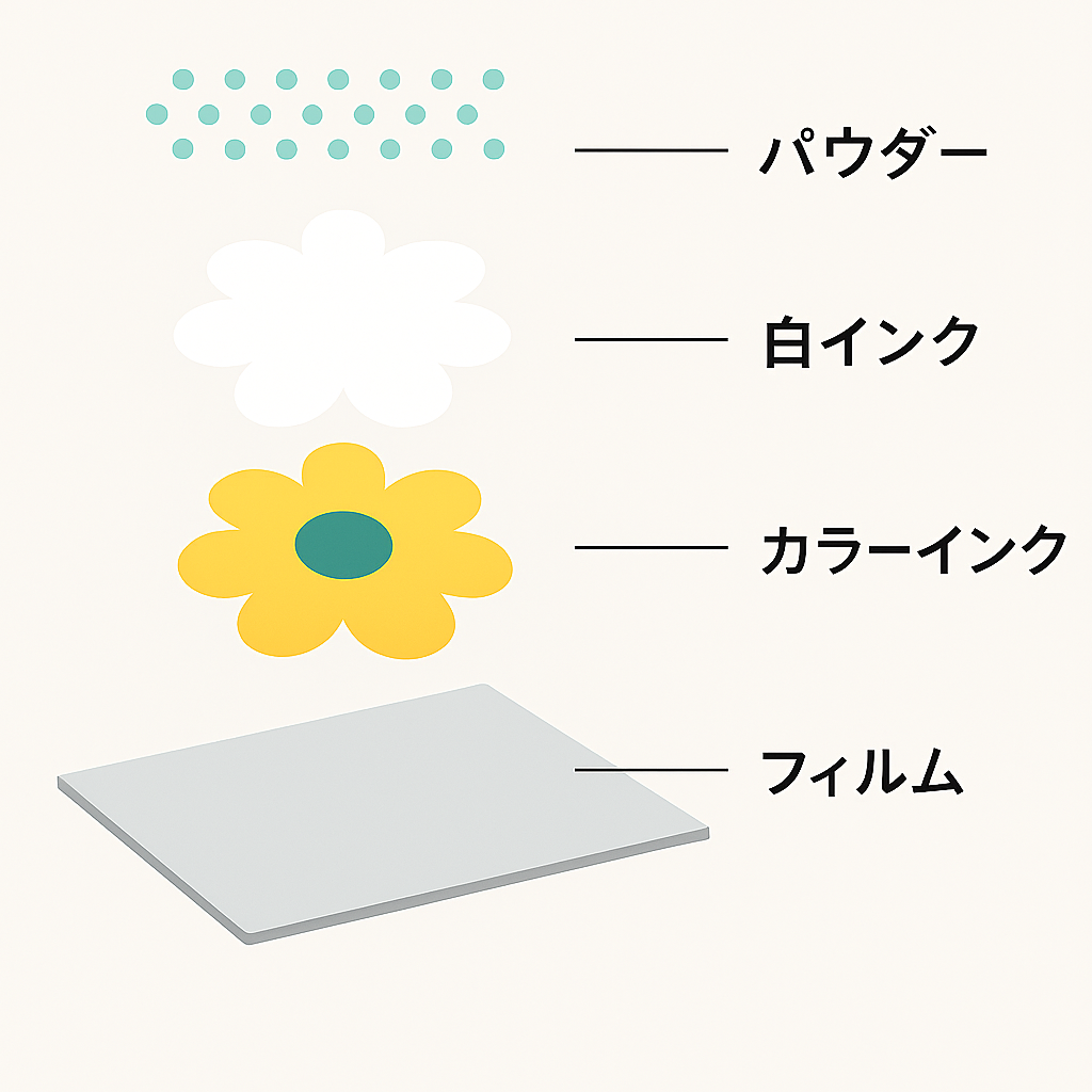 DTFシートの工程。下からフィルム、カラーインク、白インク、パウダー